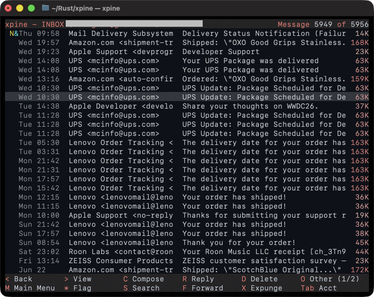 xpine terminal email client screenshot