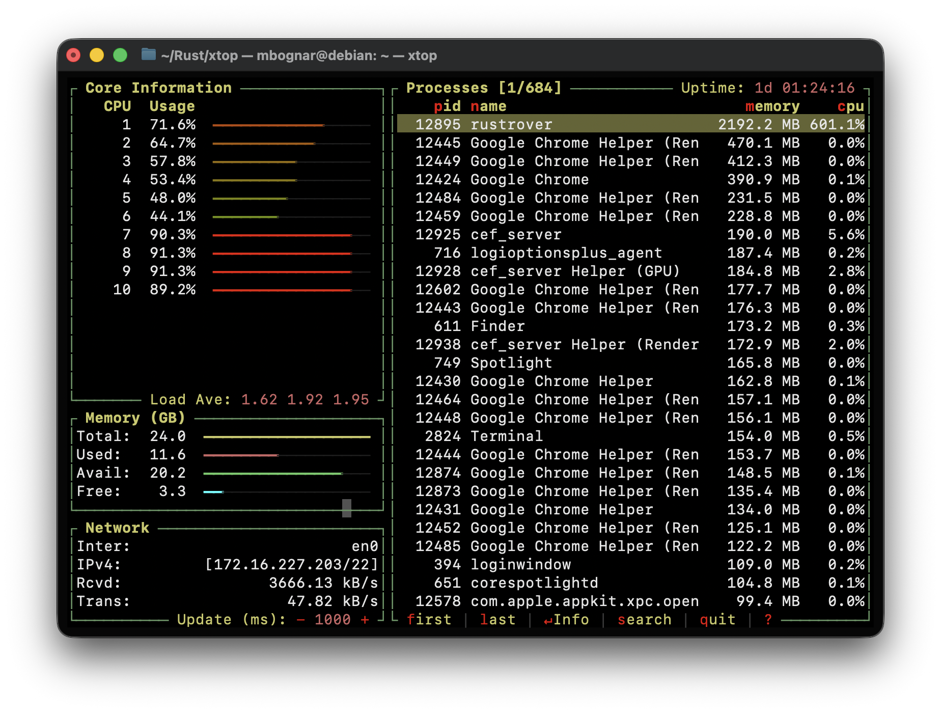 xtop showing CPU and Memory usage